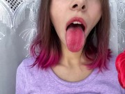 Preview 4 of Naughty stepsister sucks a lollipop and show her long hot sexy tongue