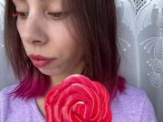 Preview 5 of Naughty stepsister sucks a lollipop and show her long hot sexy tongue