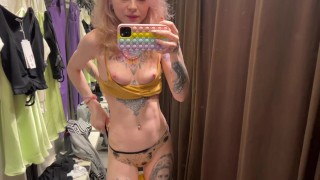 Secret orgasm in the FITTING ROOM! Try on bikini and play my hairy pussy