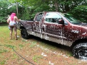Preview 1 of Gigantic fake tits crossdresser car wash