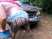 Preview 4 of Gigantic fake tits crossdresser car wash