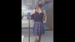 Crossdresser | Trap Girl Dick Flash With Short Jeans, And Jerk off In Public Toilet
