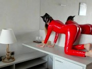 Preview 2 of Intimate sex with hot babe in latex red suit