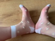 Preview 2 of Showing my feet in new Sexy White Nylon Socks - amateur foot fetish