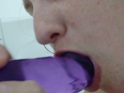 Preview 5 of Sneaky Horny Milf gives Dildo a Blowjob in the Shower