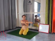 Preview 3 of Regina Noir. Yoga in yellow tights doing yoga in the gym. A girl without panties is doing yoga. 2