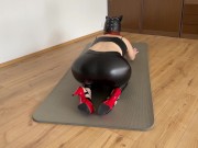 Preview 4 of Hot Slim Girl in Leather Leggings & Red High Heels (4K) - Sexy Yoga Positions