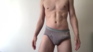 Twink in booty shorts has a huge cumshot 