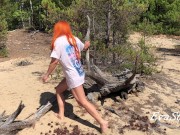 Preview 4 of redhead milf pissing in the woods standing on a log 4K 60fps