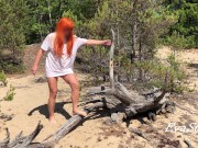 Preview 5 of redhead milf pissing in the woods standing on a log 4K 60fps