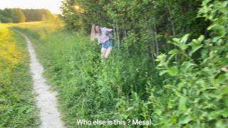 Quick fuck in the woods with brunette ass and I make her pee
