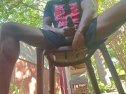 Preview 3 of BBC jerking off in public. Almost caught by milf neighbor. Huge cumshot.