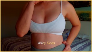 MILF hot lingerie. Big tits in white sports bra