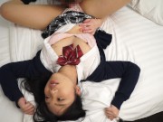 Preview 2 of a busty masochistic Japanese girl in uniform licks man's feet and swallows a lot of sperm