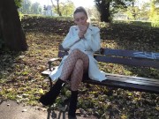 Preview 1 of smoking cigarette in the park - flashing pussy, wearing white leather coat and fishnets and higheels