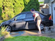 Preview 1 of Sexy t4t trans woman washes her filthy car for the hungering maw of capitalism with a big glass plug