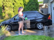 Preview 2 of Sexy t4t trans woman washes her filthy car for the hungering maw of capitalism with a big glass plug