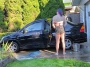 Preview 3 of Sexy t4t trans woman washes her filthy car for the hungering maw of capitalism with a big glass plug