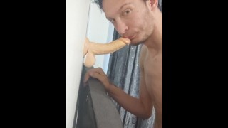 Practicing Deepthroating my wall mounted dildo