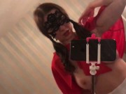 Preview 1 of Sexy maid housewife outfit in white stokings topless mirror cellphone selfie homemade amateur video