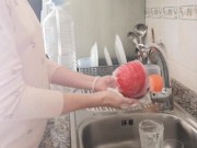 Preview 3 of This girl uses my pissing cock to wash the dishes