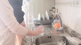 This girl uses my pissing cock to wash the dishes