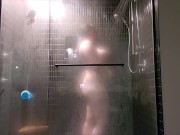 Preview 5 of Teaser - Spy on my Steamy Shower: Chubby Big Boob Babe Gives you Wet Dildo Show Against Glass