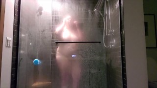 Teaser - Spy on my Steamy Shower: Chubby Big Boob Babe Gives you Wet Dildo Show Against Glass