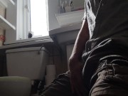 Preview 1 of Hands Free Vibrator to Intense Strong Shaking Orgasm, huge cum load on the bathroom floor