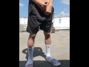 Preview 6 of Teen twink masturbate on the public rooftop with NIKE elite socks and Adidas slippers