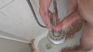 First hands free orgasm after 2 weeks only with my shower head - moaning and cum shot