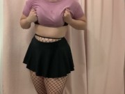 Preview 3 of Chubby teen stripteases camera in fishnets