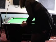 Preview 1 of MissJonesUK - Pub Flashing - Short Skirt, Hairy Pussy, Stockings, Suspenders, Pool Table, British