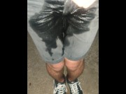 Preview 1 of Wetting My Black Jeans Shorts In The Neighborhood