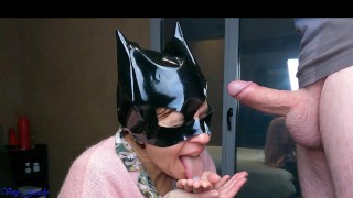 MILF catwoman gives close-up blowjob and swallows cum throbbing to play with next