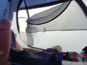 Preview 1 of Johnholmesjunior Real risky and public open tent door solo show with cum while camping in BC