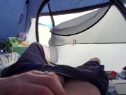 Preview 2 of Johnholmesjunior Real risky and public open tent door solo show with cum while camping in BC