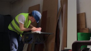 University worker fucks silicone pussy in his workshop