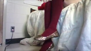 Red Thigh High Socks with Gold Flats Frieda Ann Foot Fetish