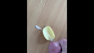 Wanking over, and then eating, a cum covered Pringle