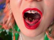 Preview 3 of food fetish - eating blowing candy - ASMR video of chewing girl in BRACES with all sounds close up