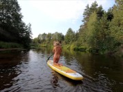 Preview 1 of Naked Girl swim on Sap Board on the forest river