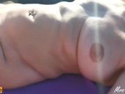Preview 3 of Exposed Cumshot at public beach on Busty Stepmom with Cum everywhere