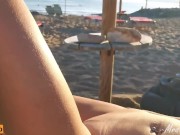 Preview 6 of Exposed Cumshot at public beach on Busty Stepmom with Cum everywhere