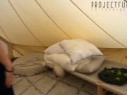 Preview 2 of exotic curvy dread head girl fucked without protection in a tipi tent - public festival sex