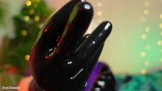 ASMR wearing latex rubber gloves - beautiful hot blonde MILF teasing close up