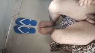 Boy in blue sandal feeding his bulge belly with hot dog foot Worship
