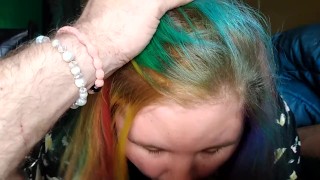 Rainbow haired pixie pawg gives amazing quickie blowjob while she is supposed to be working