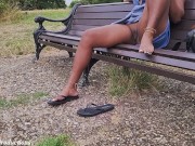 Preview 5 of On a PARK Bench UPSKIRT No PANTIES No BRA - PUBLIC FLASHING