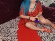 Preview 1 of BIG Squirt Blue Hair Red Heels from Vibrating Dildo